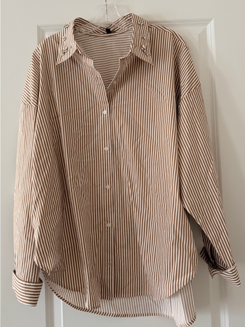 Embellished Collar Striped Boyfriend Portofino Shirt
